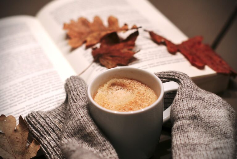 drink, coffee, food, coffee cup, leaves, autumn, book, sweater, nature, mug, relaxation, cozy